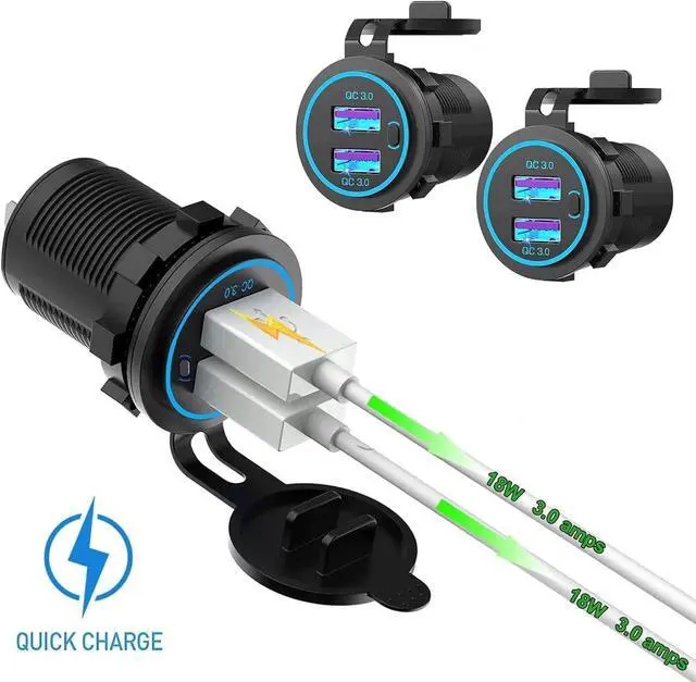 Alt view image 3 of 7 - Zennova [2 Pack] 12V Dual USB Quick Charger 3.0 Port Waterproof Power Outlet With Power Switch for Car, Golf Cart, Boat, Marine, Bus, Truck, RV, Motorcycle