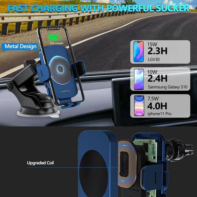 Alt view image 2 of 7 - Wireless Car Charger, Fast Charging 15W Auto Clamping Car Charger Phone Holder Phone Mount for iPhone16 15 14 13 12 11 Pro Max Xs, Samsung Galaxy S23 Ultra S22 S21 S20 S10+ Note 9, etc(Blue)