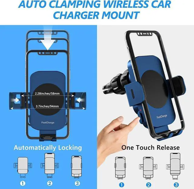 Alt view image 4 of 7 - Wireless Car Charger, Fast Charging 15W Auto Clamping Car Charger Phone Holder Phone Mount for iPhone16 15 14 13 12 11 Pro Max Xs, Samsung Galaxy S23 Ultra S22 S21 S20 S10+ Note 9, etc(Blue)