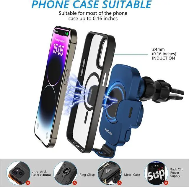 Alt view image 6 of 7 - Wireless Car Charger, Fast Charging 15W Auto Clamping Car Charger Phone Holder Phone Mount for iPhone16 15 14 13 12 11 Pro Max Xs, Samsung Galaxy S23 Ultra S22 S21 S20 S10+ Note 9, etc(Blue)