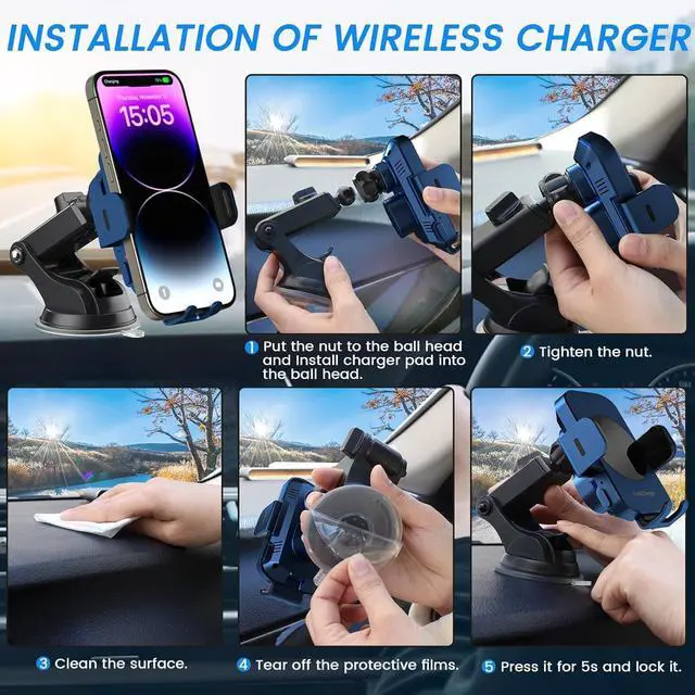 Alt view image 7 of 7 - Wireless Car Charger, Fast Charging 15W Auto Clamping Car Charger Phone Holder Phone Mount for iPhone16 15 14 13 12 11 Pro Max Xs, Samsung Galaxy S23 Ultra S22 S21 S20 S10+ Note 9, etc(Blue)