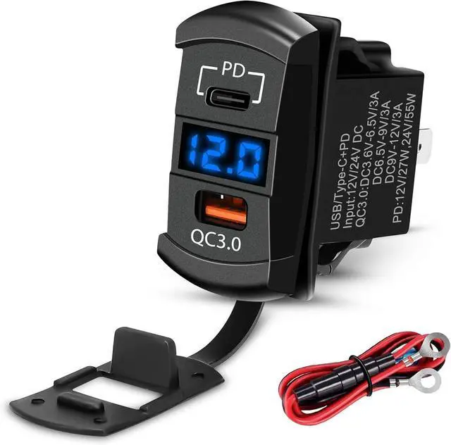 Main image of Linkstyle Rocker Switch Outlet, 36W QC 3.0 USB-A & 55W PD USB-C Port Charger Socket, LED Voltmeter for Car Boat