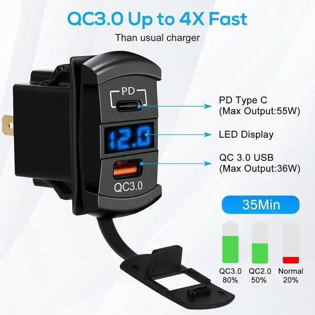 Alt view image 2 of 7 - Linkstyle Rocker Switch Outlet, 36W QC 3.0 USB-A & 55W PD USB-C Port Charger Socket, LED Voltmeter for Car Boat