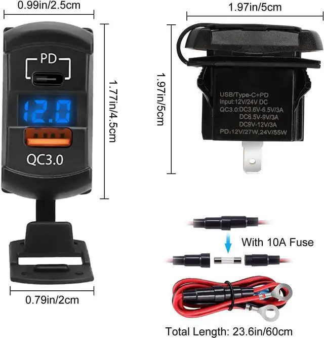 Alt view image 5 of 7 - Linkstyle Rocker Switch Outlet, 36W QC 3.0 USB-A & 55W PD USB-C Port Charger Socket, LED Voltmeter for Car Boat