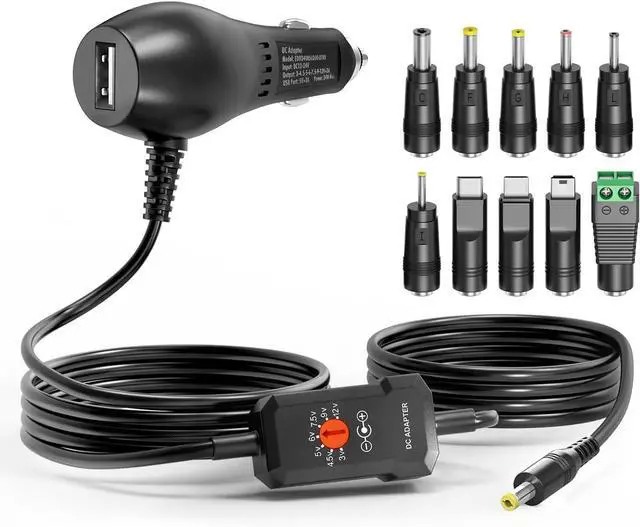 Main image of Powseed 34W 3V 4.5V 5V 6V 7.5V 9V 12V DC Car Charger with 10 Tips and USB Cigarette Lighter Adapter Power Supply Cord for Portable DVD Player Dash cam Breast Pump Speaker Micro USB Car Adapter