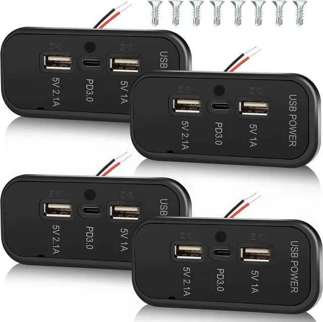 Main image of 3 Ports 12V RV USB Outlet 45.5W, 4PCS PD3.0 Type-C Quick Charge & Dual A Port 3.1A Panel Wall Mount, Automotive Car Socket Charger Adapter for RV Marine Boat Bus ATV Motorcycle Truck