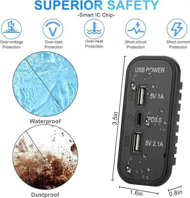 Alt view image 6 of 7 - 3 Ports 12V RV USB Outlet 45.5W, 4PCS PD3.0 Type-C Quick Charge & Dual A Port 3.1A Panel Wall Mount, Automotive Car Socket Charger Adapter for RV Marine Boat Bus ATV Motorcycle Truck