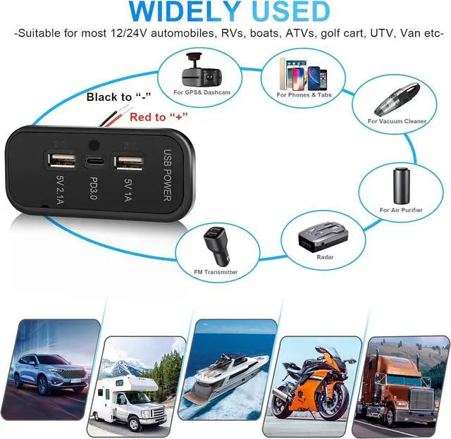 Alt view image 5 of 7 - 3 Ports 12V RV USB Outlet 45.5W, 4PCS PD3.0 Type-C Quick Charge & Dual A Port 3.1A Panel Wall Mount, Automotive Car Socket Charger Adapter for RV Marine Boat Bus ATV Motorcycle Truck