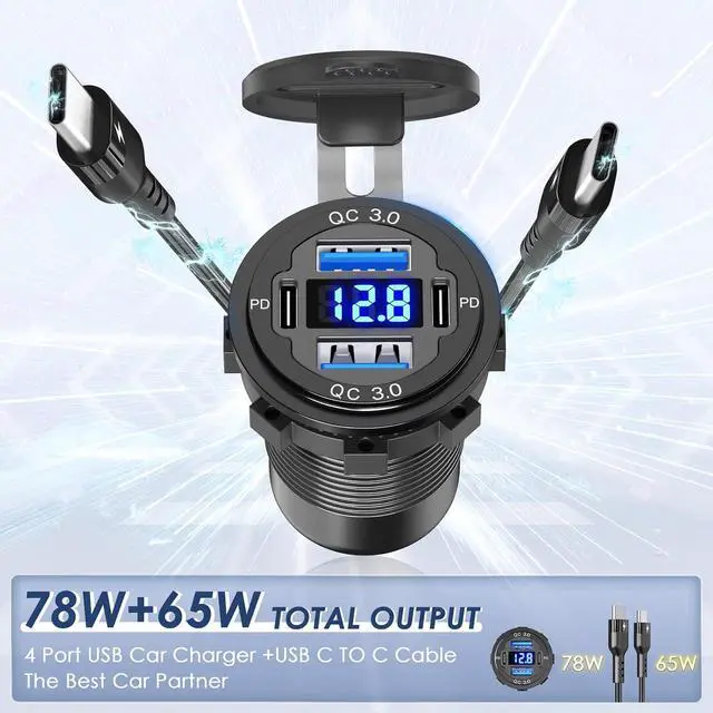 Alt view image 2 of 7 - 78W 12V USB Outlet Qidoe 4 Port Dual 30W PD & Dual Quick Charge 3.0 Aluminum12V Car Charger Socket with VoltmeterC to C Cable Coiled 3FT Cord for Car Boat Marine RV
