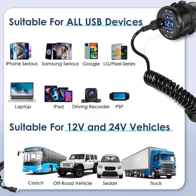 Alt view image 7 of 7 - 78W 12V USB Outlet Qidoe 4 Port Dual 30W PD & Dual Quick Charge 3.0 Aluminum12V Car Charger Socket with VoltmeterC to C Cable Coiled 3FT Cord for Car Boat Marine RV