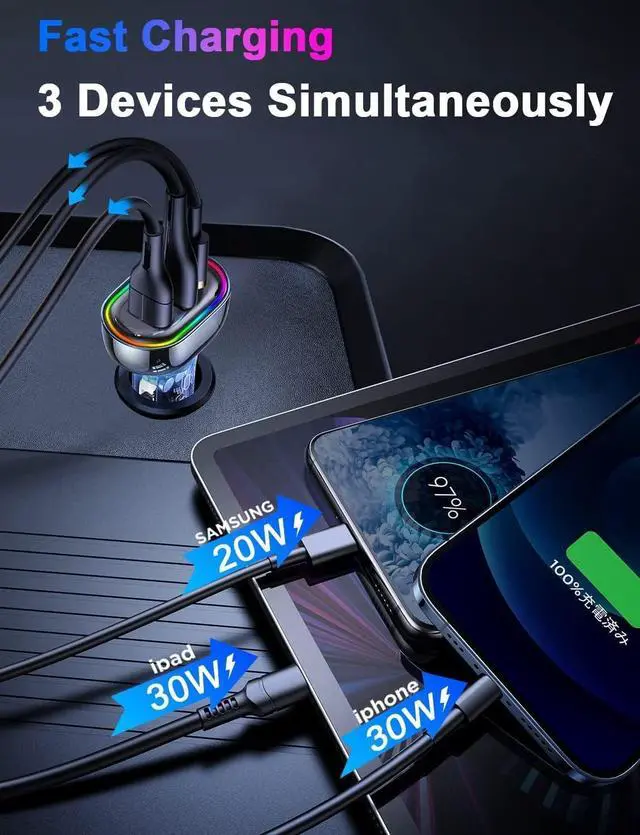 Alt view image 3 of 7 - USB C Car Charger, 80W [Dual PD3.0&QC30W] Cigarette Lighter Adapter, 3 Ports Car Phone USB Charger Fast Charging for iPhone 16 15 Pro Max 14 Samsung Galaxy S24/23 Google Pixel LG iPad