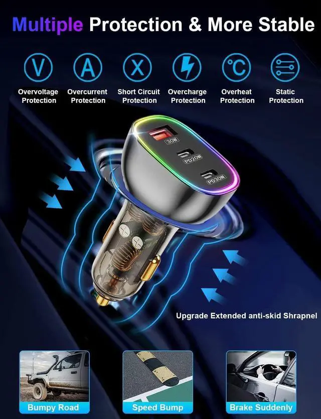 Alt view image 7 of 7 - USB C Car Charger, 80W [Dual PD3.0&QC30W] Cigarette Lighter Adapter, 3 Ports Car Phone USB Charger Fast Charging for iPhone 16 15 Pro Max 14 Samsung Galaxy S24/23 Google Pixel LG iPad