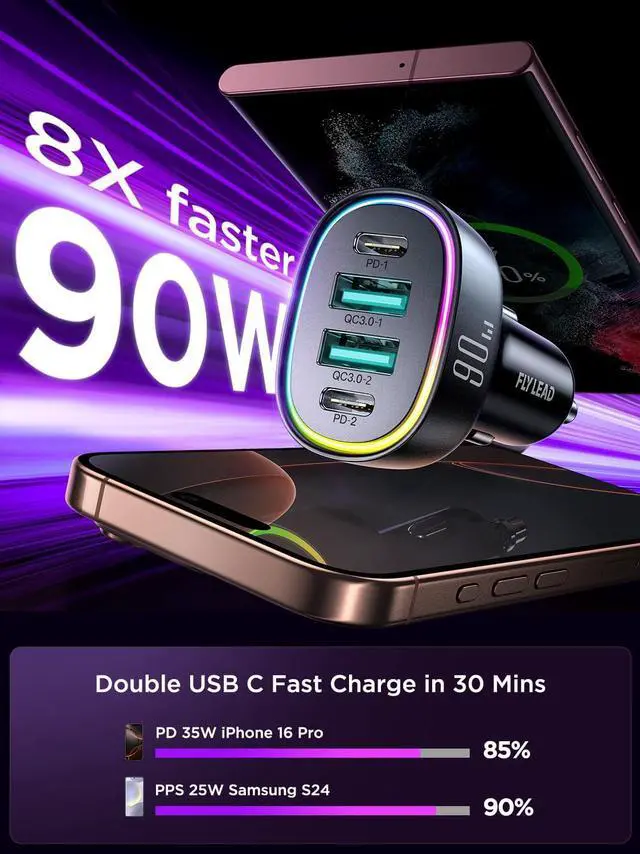 Alt view image 2 of 7 - Car Charger USB C 90W 4-Port Car Phone Charger Compatible with iPhone 16/15/14/13/12 Pro Max Plus [A Must for Family Travel] Super Fast Charging Cigarette Lighter Adapter Port