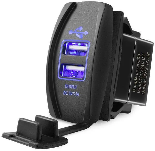 Main image of MICTUNING Universal Rocker Style Car USB Charger - with Blue LED Light Dual USB Power Socket for Rocker Switch Panel