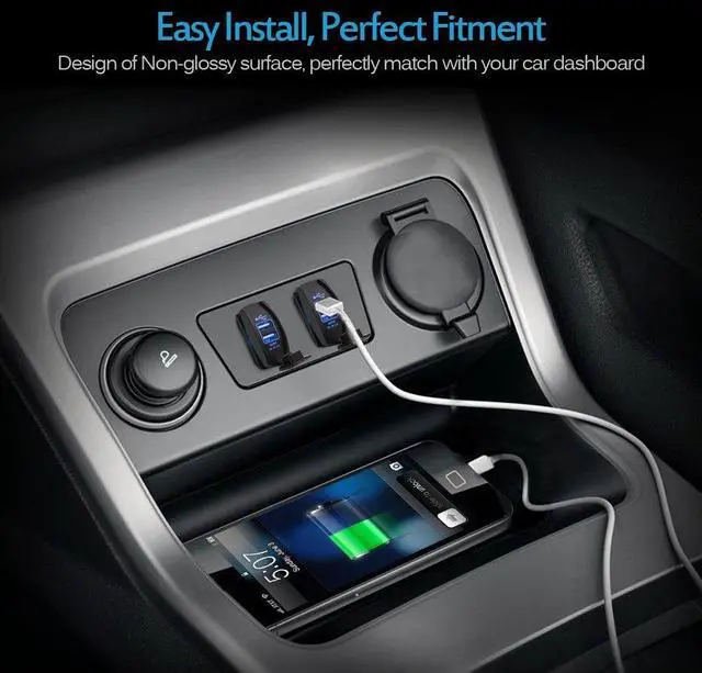 Alt view image 2 of 7 - MICTUNING Universal Rocker Style Car USB Charger - with Blue LED Light Dual USB Power Socket for Rocker Switch Panel