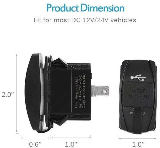Alt view image 3 of 7 - MICTUNING Universal Rocker Style Car USB Charger - with Blue LED Light Dual USB Power Socket for Rocker Switch Panel