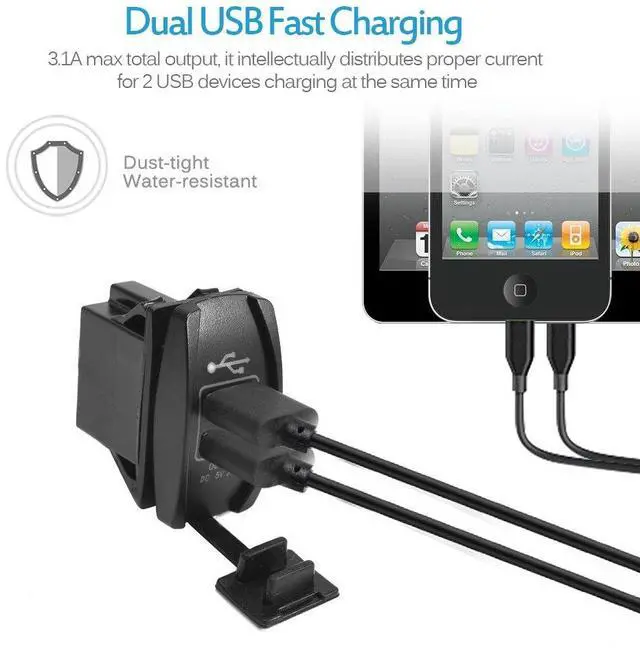 Alt view image 4 of 7 - MICTUNING Universal Rocker Style Car USB Charger - with Blue LED Light Dual USB Power Socket for Rocker Switch Panel