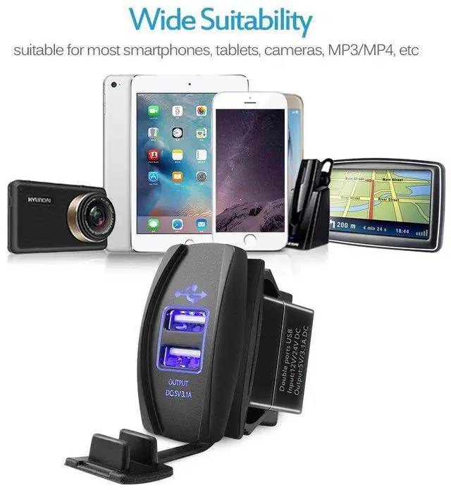 Alt view image 5 of 7 - MICTUNING Universal Rocker Style Car USB Charger - with Blue LED Light Dual USB Power Socket for Rocker Switch Panel