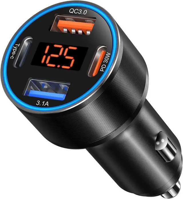 Main image of USB C Car Charger, 4-Port 65W Dual 12V USB-A & USB-C Car Phone Charger with Voltmeter PD/QC 3.0 Fast Charging Cigarette Lighter Adapter for iPhone 16e 15 14 13 12 11 Pro Max,Samsung, Android(Black)