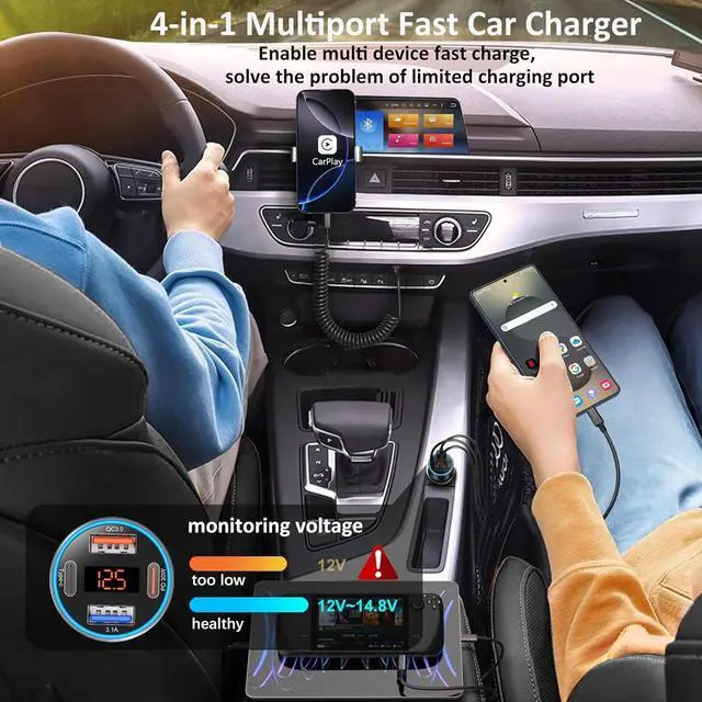 Alt view image 4 of 7 - USB C Car Charger, 4-Port 65W Dual 12V USB-A & USB-C Car Phone Charger with Voltmeter PD/QC 3.0 Fast Charging Cigarette Lighter Adapter for iPhone 16e 15 14 13 12 11 Pro Max,Samsung, Android(Black)