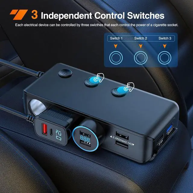 Alt view image 3 of 7 - Nilight 9 in 1 Cigarette Lighter Adapter Splitter QC 3.0 3 Sockets 4 USB Ports Power Splitter with PD/QC 3.0 Independent Switches LED Voltage Display for 12V/24V Cars Van Truck Camper