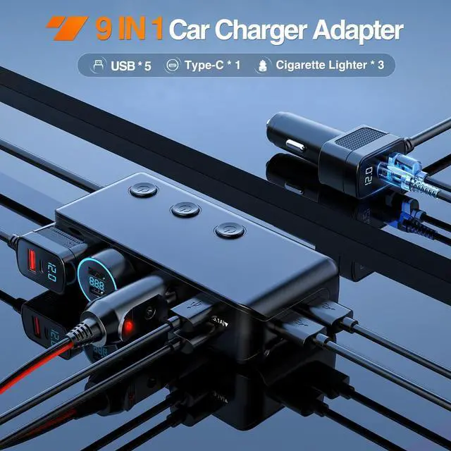 Alt view image 5 of 7 - Nilight 9 in 1 Cigarette Lighter Adapter Splitter QC 3.0 3 Sockets 4 USB Ports Power Splitter with PD/QC 3.0 Independent Switches LED Voltage Display for 12V/24V Cars Van Truck Camper