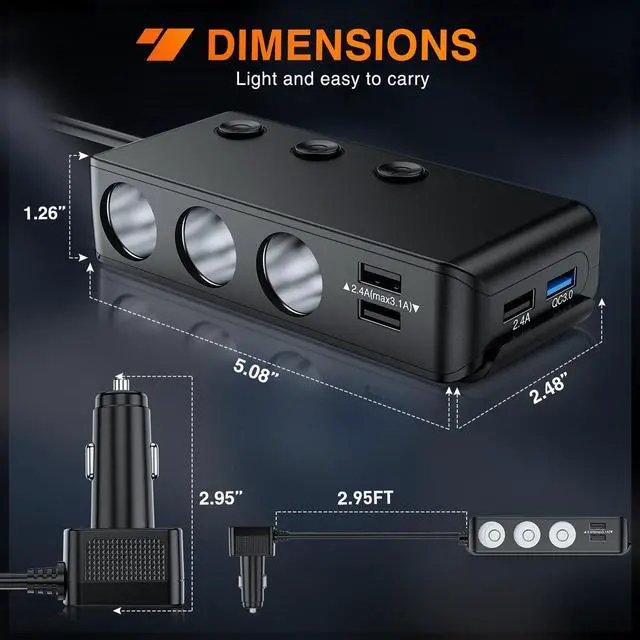Alt view image 6 of 7 - Nilight 9 in 1 Cigarette Lighter Adapter Splitter QC 3.0 3 Sockets 4 USB Ports Power Splitter with PD/QC 3.0 Independent Switches LED Voltage Display for 12V/24V Cars Van Truck Camper