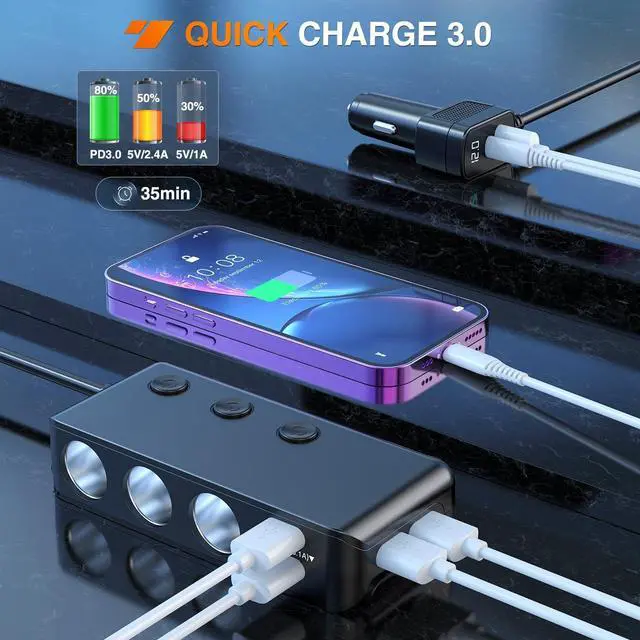 Alt view image 7 of 7 - Nilight 9 in 1 Cigarette Lighter Adapter Splitter QC 3.0 3 Sockets 4 USB Ports Power Splitter with PD/QC 3.0 Independent Switches LED Voltage Display for 12V/24V Cars Van Truck Camper