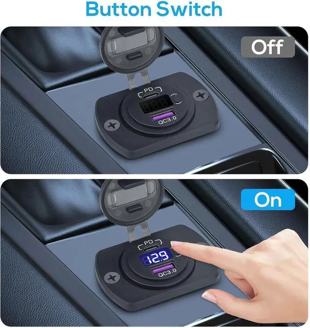 Alt view image 3 of 7 - Linkstyle 12V USB Outlet, 30W PD Port & 18W QC3.0 USB A Port Charger Socket with Button & LED Voltmeter for Car Boat Motorcycle RV