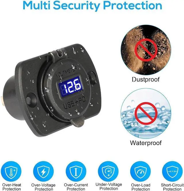 Alt view image 4 of 7 - Linkstyle 12V USB Outlet, 30W PD Port & 18W QC3.0 USB A Port Charger Socket with Button & LED Voltmeter for Car Boat Motorcycle RV