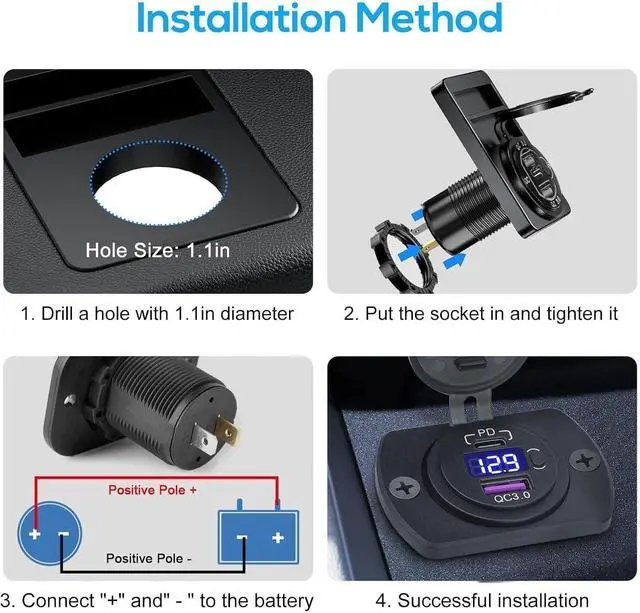 Alt view image 6 of 7 - Linkstyle 12V USB Outlet, 30W PD Port & 18W QC3.0 USB A Port Charger Socket with Button & LED Voltmeter for Car Boat Motorcycle RV