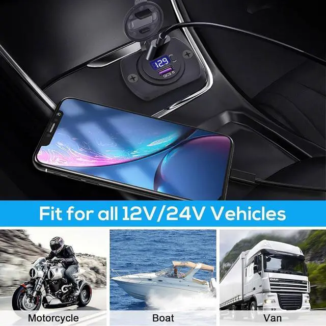 Alt view image 7 of 7 - Linkstyle 12V USB Outlet, 30W PD Port & 18W QC3.0 USB A Port Charger Socket with Button & LED Voltmeter for Car Boat Motorcycle RV