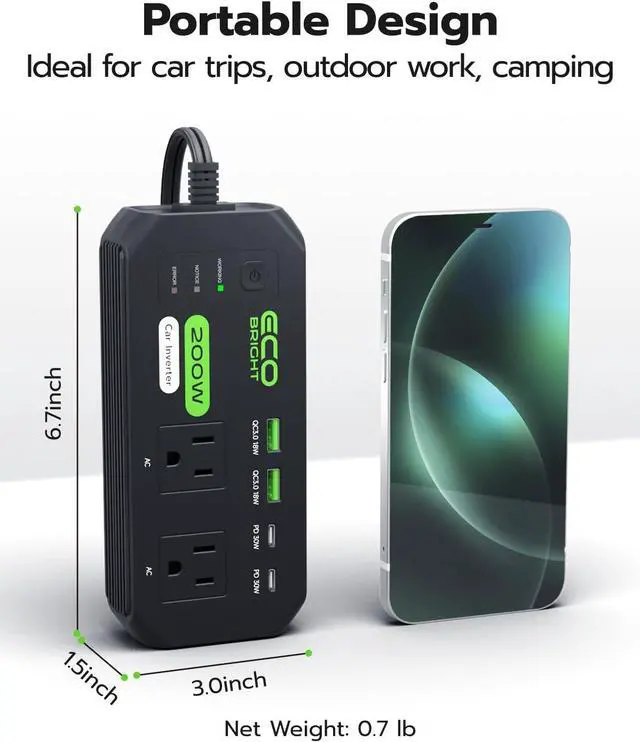 Alt view image 2 of 7 - 200W Car Power Inverter, DC 12V to 110V AC Car Charger Adapter with Fast Charging [30W USB-C]/18W USB-QC 3.0, Car Plu Adapter Outlet Charger for Laptop, Phone, Tablet