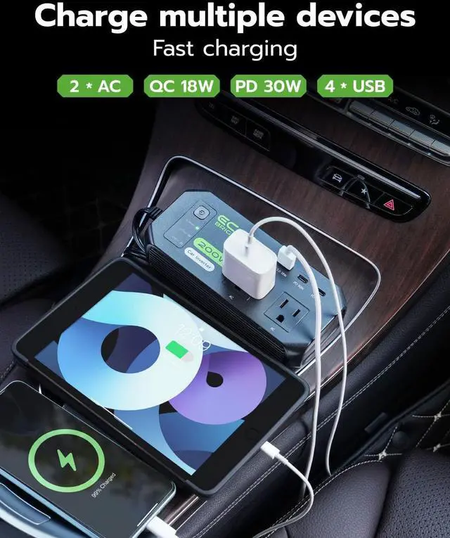 Alt view image 4 of 7 - 200W Car Power Inverter, DC 12V to 110V AC Car Charger Adapter with Fast Charging [30W USB-C]/18W USB-QC 3.0, Car Plu Adapter Outlet Charger for Laptop, Phone, Tablet