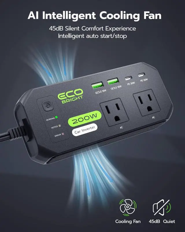 Alt view image 5 of 7 - 200W Car Power Inverter, DC 12V to 110V AC Car Charger Adapter with Fast Charging [30W USB-C]/18W USB-QC 3.0, Car Plu Adapter Outlet Charger for Laptop, Phone, Tablet