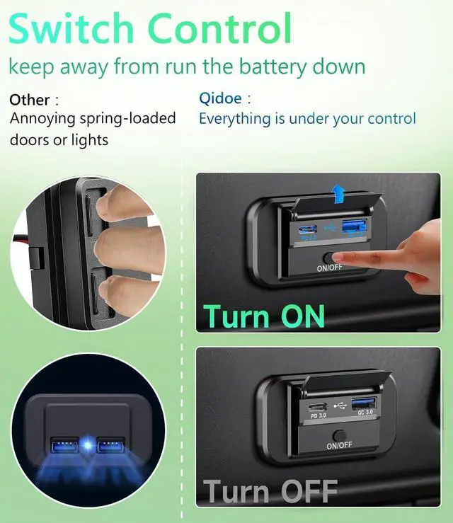 Alt view image 3 of 7 - Qidoe PD 20W Type-C and 18W QC3.0 USB Port Surface Mount Car Charger Socket with Button Switch, Waterproof 12V Panel for Car, RV, ATV, Truck, Marine, Golf Cart