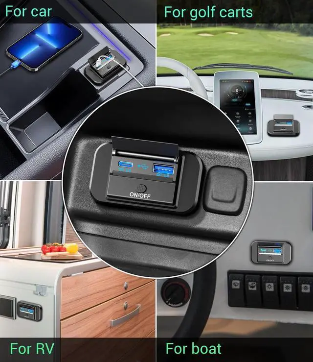 Alt view image 4 of 7 - Qidoe PD 20W Type-C and 18W QC3.0 USB Port Surface Mount Car Charger Socket with Button Switch, Waterproof 12V Panel for Car, RV, ATV, Truck, Marine, Golf Cart