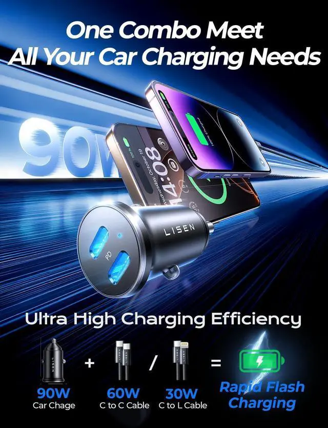 Alt view image 2 of 7 - LISEN 90W USB C Car Charger Fast Charging, Dual Fast Charging Port PD 45W Cigarette Lighter Adapter, for 17 Super Fast Car Charger USB C with 2 Cables for iPhone 16 15 14 13 12 Pro Max