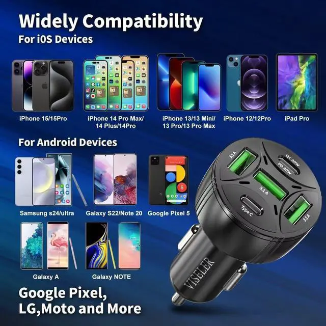 Alt view image 5 of 7 - USB C Car Charger Adapter[2Pack], PD3.0 30W & QC3.0 30W 5 USB Car Phone Chager Fast Charging Compatible with iPhone 16/15/14/13 Pro Max/iPad, Tablet, Galaxy S24/Note 20 and More.