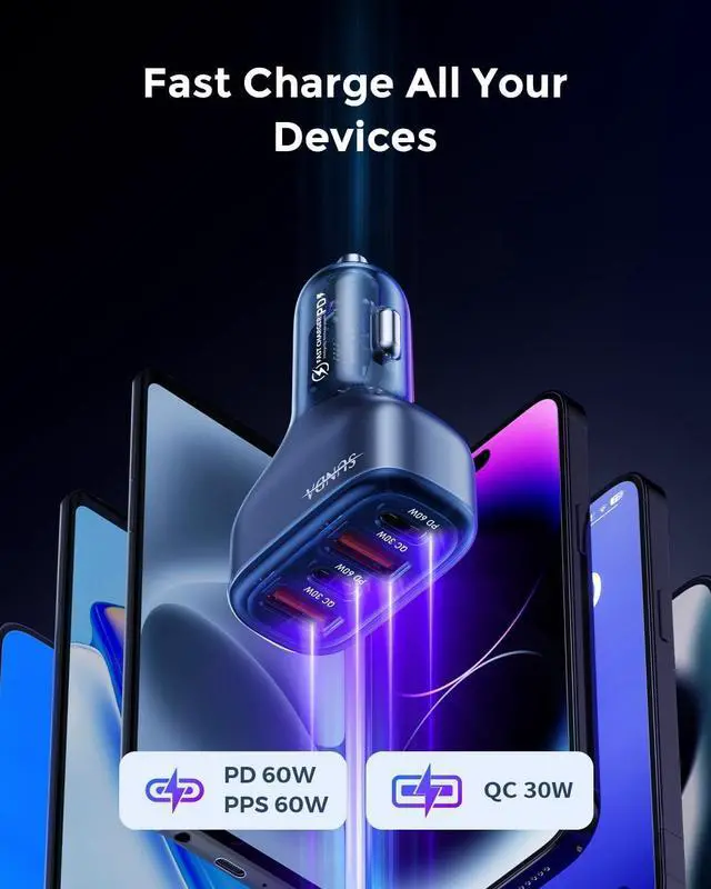 Alt view image 5 of 7 - SUNDA 120W USB C Fast Car Charger, 4-Ports Car Charger Adapter, Dual Type C PD60W/PPS60W Compatible with iPhone15/14Pro/Max/iPhone13/Galaxy/SamsungS23, Dual USB-A 18W QC3.0 for Android(Blue)