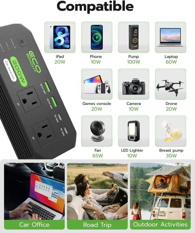 Alt view image 6 of 7 - 200W Car Power Inverter, DC 12V to 110V AC Car Charger Adapter with Fast Charging [30W USB-C]/18W USB-QC 3.0, Car Plu Adapter Outlet Charger for Laptop, Phone, Tablet