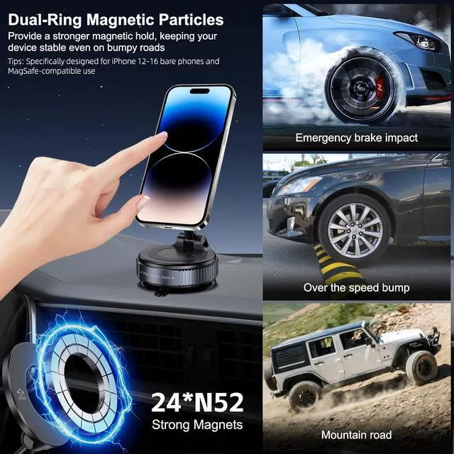 Alt view image 4 of 7 - Vacuum Magnetic Suction Phone Holder, Foldable and Retractable Hands-Free Suction Cup Phone Mount for Car/Gym/Mirror/Smooth Surface, Compatible with iPhone Android and All Smartphones (Black)