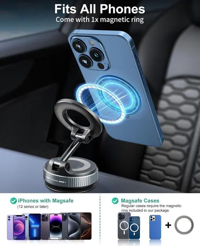 Alt view image 6 of 7 - Strong Magnetic Car Phone Holder for Magsafe Suction Cup Phone Mount, [89+LBS Strongest Suction & 2800gf Strongest Magnetic] Vacuum Suction Cup Phone Mount Adjustable Swivel Lock, for Car/Gym/Mirror