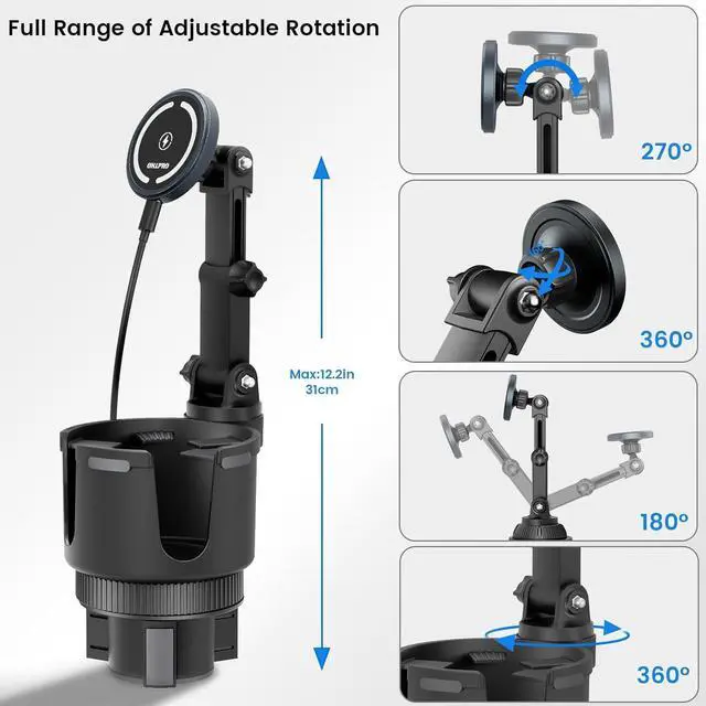 Alt view image 4 of 7 - OHLPRO for MagSafe Car Charger Cup Holder Mount, 15W Fast Wireless Magnetic Charging Phone Holder for iPhone 16 15 14 13 12 Series, Adjustable Car Mount with Large Cup Base, One-Hand Operation, Gray