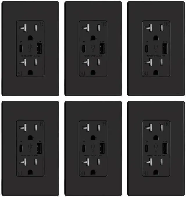 Main image of ELEGRP USB Charger Wall Outlet, USB Receptacle with Type A & Type C USB Ports, 20 Amp Duplex Tamper Resistant Receptacle Plug, Wall Plate Included, UL Listed (6 Pack, Matte Black)