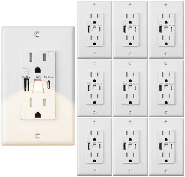 Main image of Lights Outlet with USB, Modern Electrical Outlet with Light, Wall Outlet Covers with Night Lights,USB Outlet with LED Light,USB Type A & Type-C in-Wall Charger with AC Port,White (10 PCS)