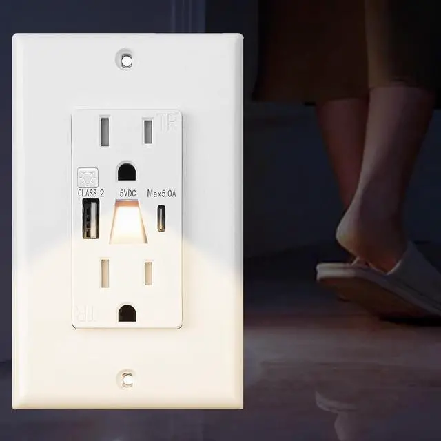 Alt view image 6 of 7 - Lights Outlet with USB, Modern Electrical Outlet with Light, Wall Outlet Covers with Night Lights,USB Outlet with LED Light,USB Type A & Type-C in-Wall Charger with AC Port,White (10 PCS)