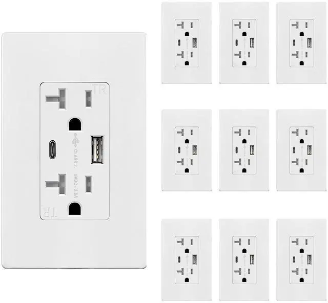Main image of TOPGREENER USB Outlet, Type C USB Wall Outlet, 20 Amp Tamper-Resistant Receptacle Plug, USB Receptacle with 2 Ports, Wall Plate Included, UL Listed, TU22036AC-W-10PCS, White, 10 Pack