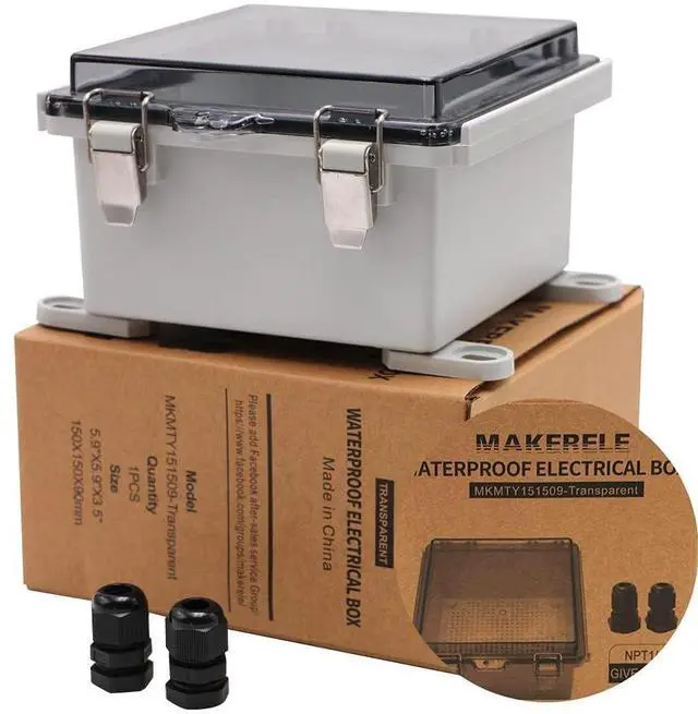 Main image of MAKERELE Small Junction Box Plastic Hinged Cover Transparent Lid IP67 Outdoor Electrical Project with Plastic Enclosure 5.9×5.9×3.5 inch(150×150×90mm)