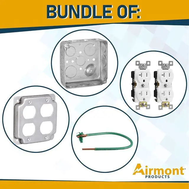 Alt view image 2 of 7 - Outlet Box Kit, Includes 4x4'' Drawn Metal Electrical Box, 2 Tamper Resistant 20 Amp Duplex Receptacle Outlets, Duplex Receptacle 4x4'' Cover, Sixteen Knockouts (Duplex Receptacle Kit)